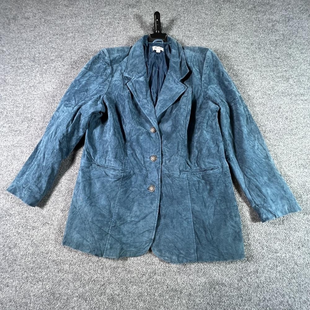 Denim & Co Blue Leather Blazer Coat Womens XL Notch Lapel Preppy A226384